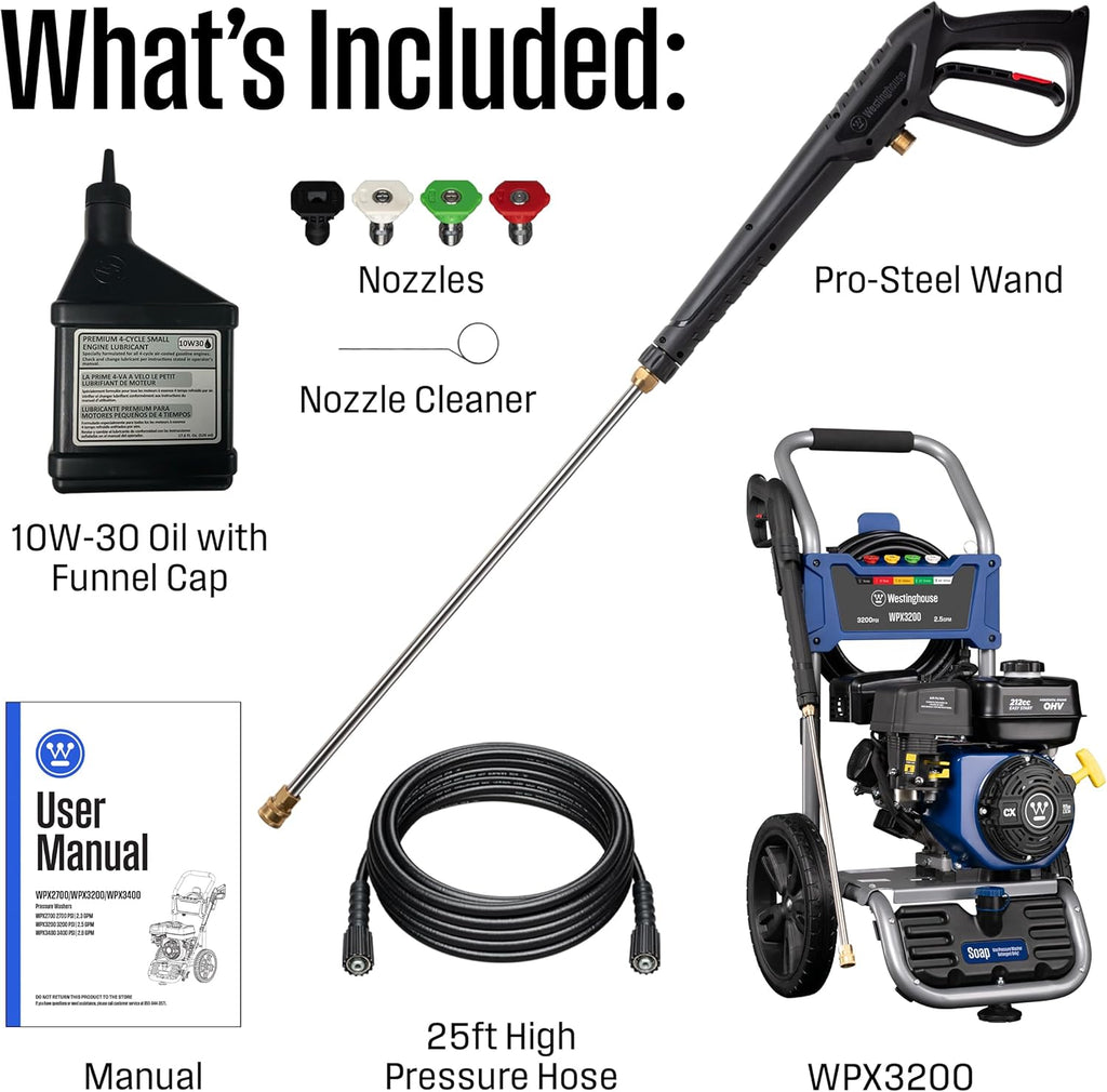 Westinghouse WPX3200 Gas Pressure Washer, 3200 PSI and 2.5 GPM, Onboard Soap Tank, Spray Gun and Wand, 5 Nozzle Set, for Cars/Fences/Driveways/Homes/Patios/Furniture