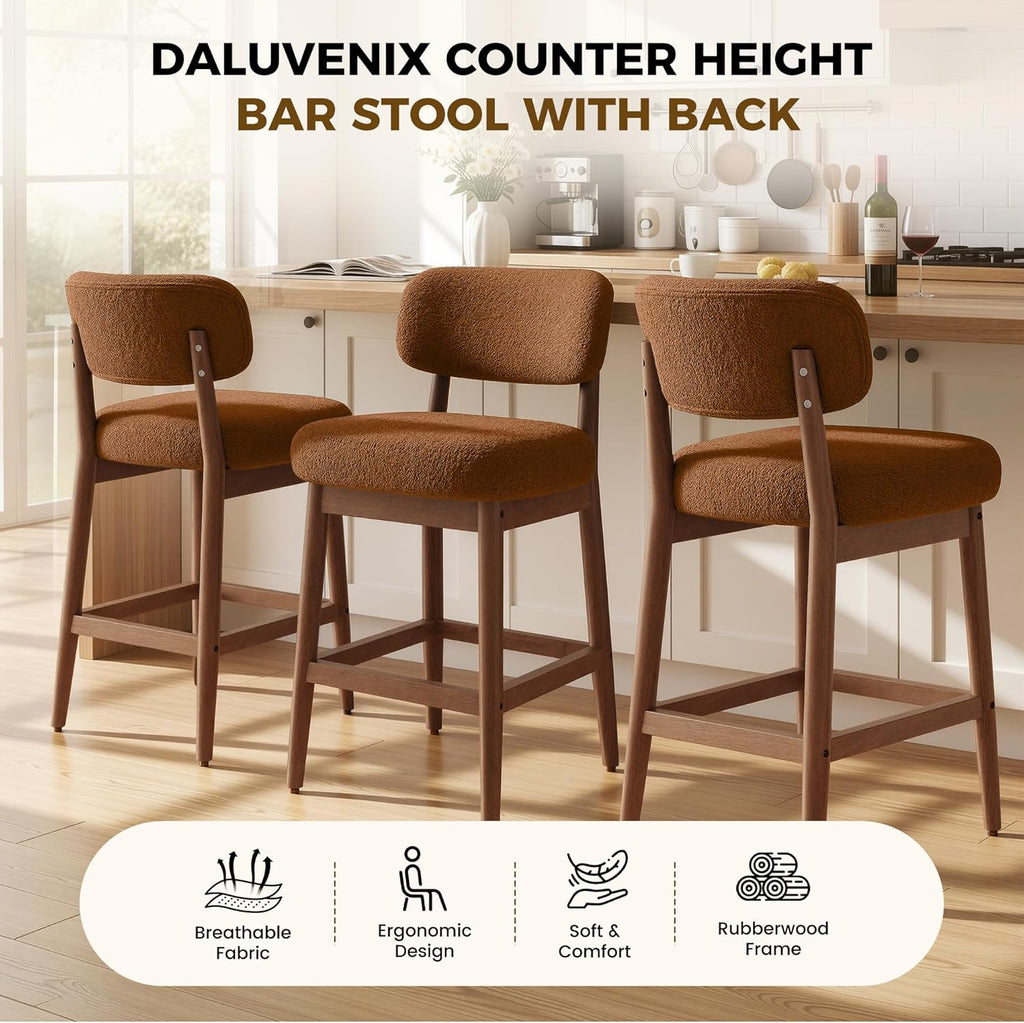 Counter Height Bar Stools Set of 2, Mid-Century Modern Boucle Bar Chairs with Solid Wood Frame, Upholstered Stools with Backrest for Kitchen Island, Home Bar, Caramel Brown