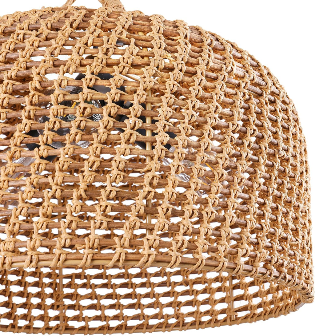 LamQee 18 Inch Rattan Farmhouse Chandelier, 3-Lights Boho Large Pendant Light with Dome Wicker Shade, Rustic Hand Woven Hanging Lighting Fixture for Dining Room, Kitchen Island, Entryway, Foyer