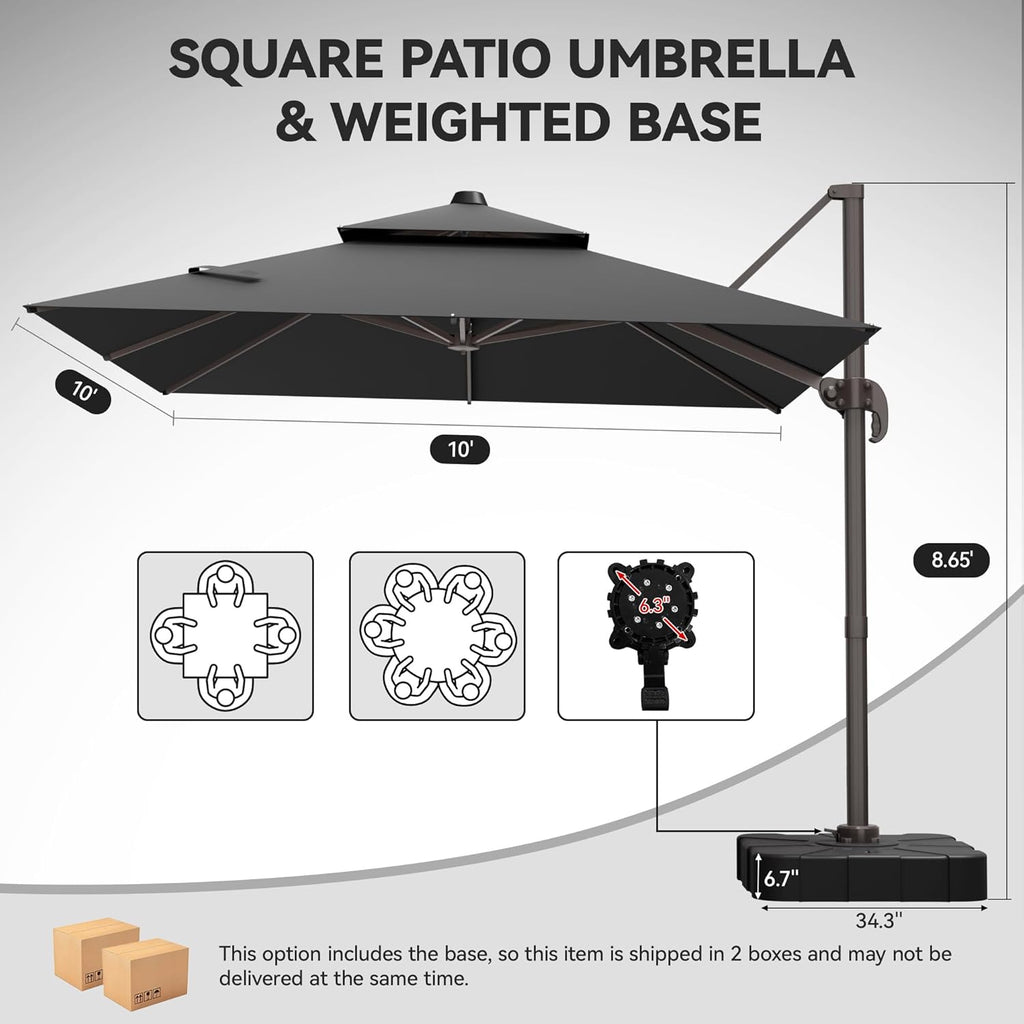 GENTEACO 10X10 FT Cantilever Umbrella with Base Included, Large Offset Patio Umbrella with Double Top, 6 Angle Tilts & 360° Rotation, Large Square Sun Umbrellas for Outdoor Pool Market, Grey