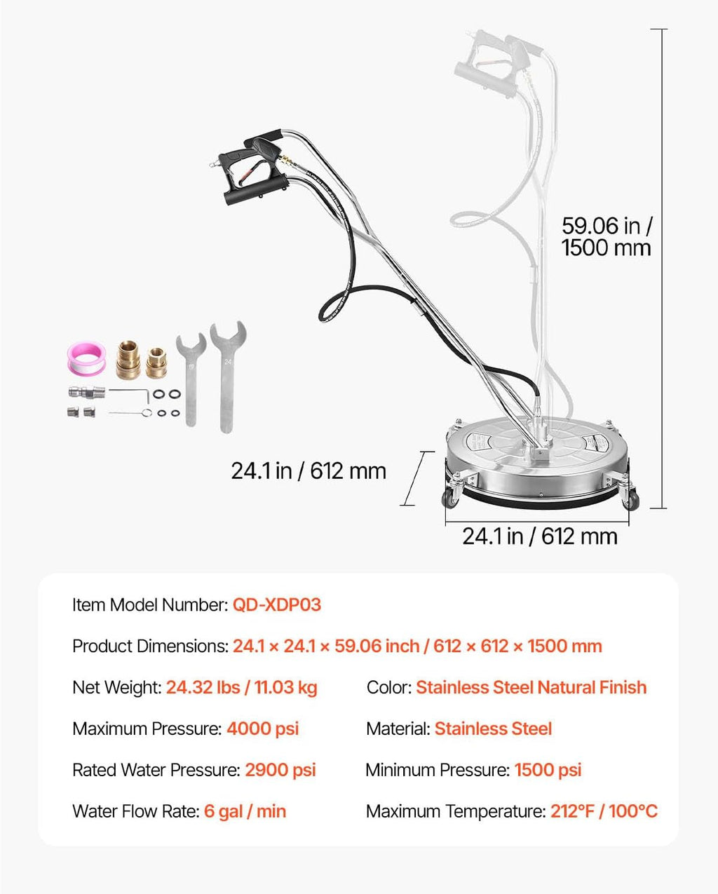 VEVOR 24 Inch Pressure Washer Surface Cleaner, 4000 PSI Stainless Steel Attachment with 4 Wheels, 2 Nozzles, 3/8 Inch Quick Connect and Dual Handle for Concrete, Patio, Sidewalk