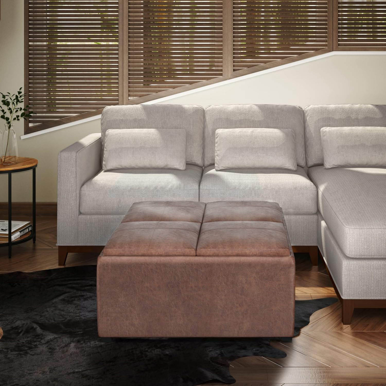 SIMPLIHOME Avalon Wide Contemporary Square Coffee Table Storage Ottoman, Distressed Umber Brown, Table Ottoman