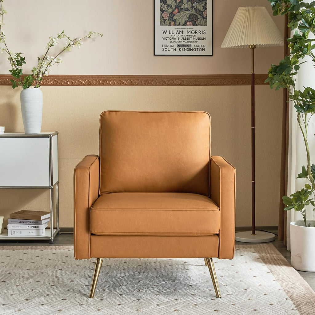 VINGLI Modern PU Leather Accent Chair for Living Room,Bedroom Comfy Chair Arm Chair Reading Chair with Golden Metal Legs and Deep Seat for Office,Apartment,Small Space,Cognac