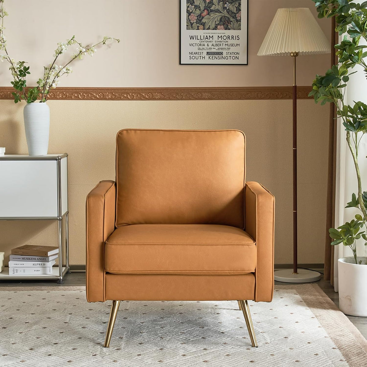 VINGLI Modern PU Leather Accent Chair for Living Room,Bedroom Comfy Chair Arm Chair Reading Chair with Golden Metal Legs and Deep Seat for Office,Apartment,Small Space,Cognac