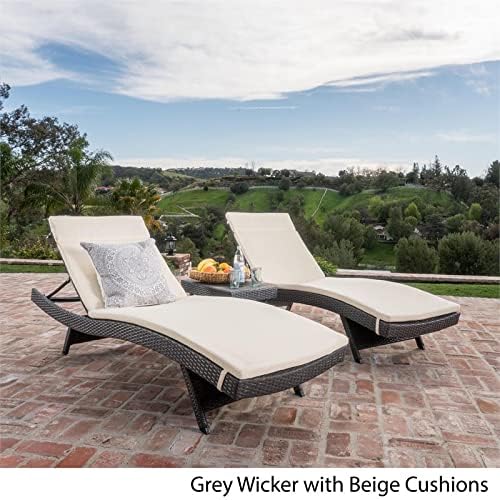 GDFStudio Savana 3 Piece Outdoor Wicker Lounge with Water Resistant Cushions & Coffee Table (Grey/Beige)