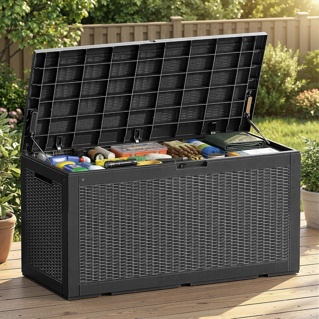 EFU Outdoor Storage Box 100 Gallon Deck Box Resin Outdoor Toy Storage With Lockable Lid, Hydraulic Struts, Rattan Style Package Delivery Boxes for Outside Patio Yard Garden (Black)