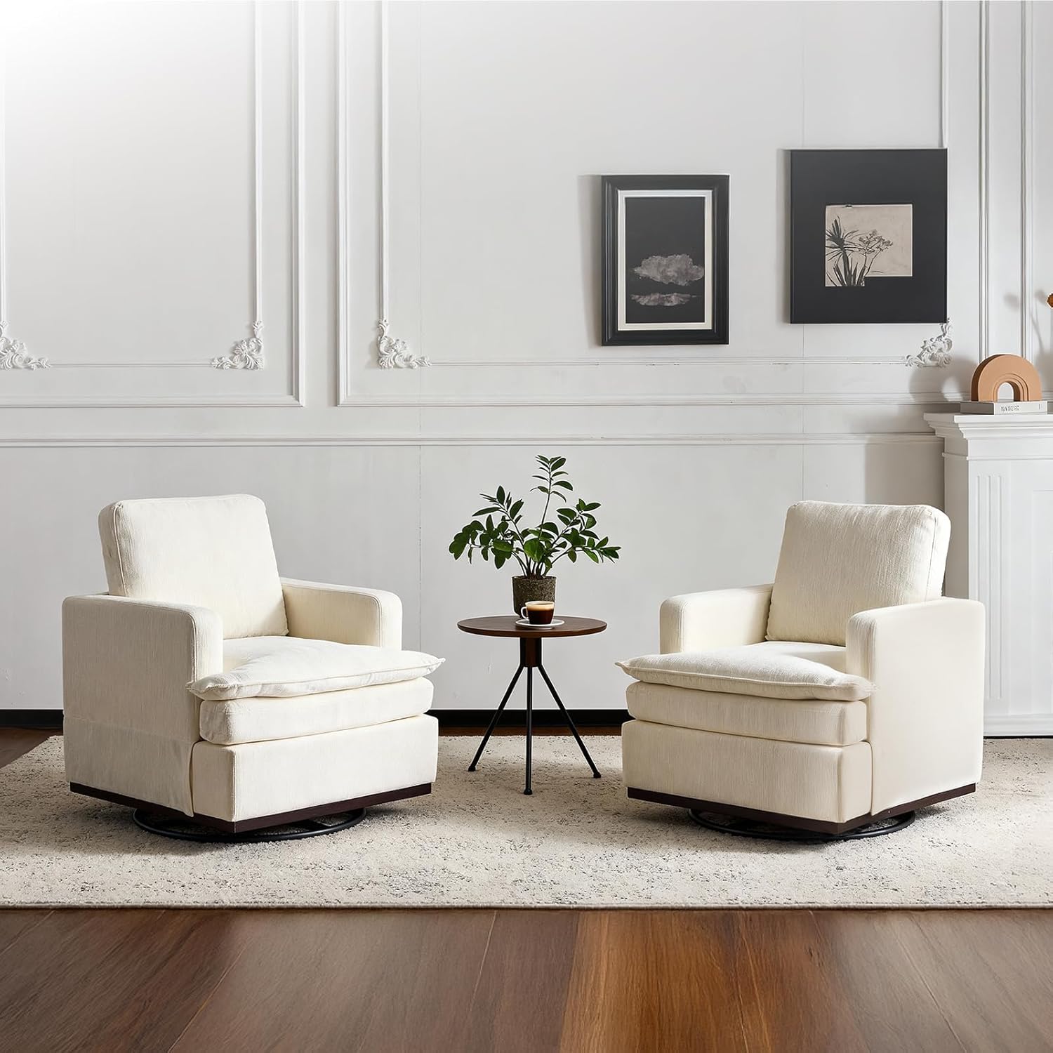 VINGLI 360°Swivel Mid-Century Modern Accent Armchairs Set of 2 with Double-Layer Seat Cushions, Comfy Single Square Sofa, Upholstered Club Chairs for Living Room,Bedroom, Reading Room, Chenille Beige