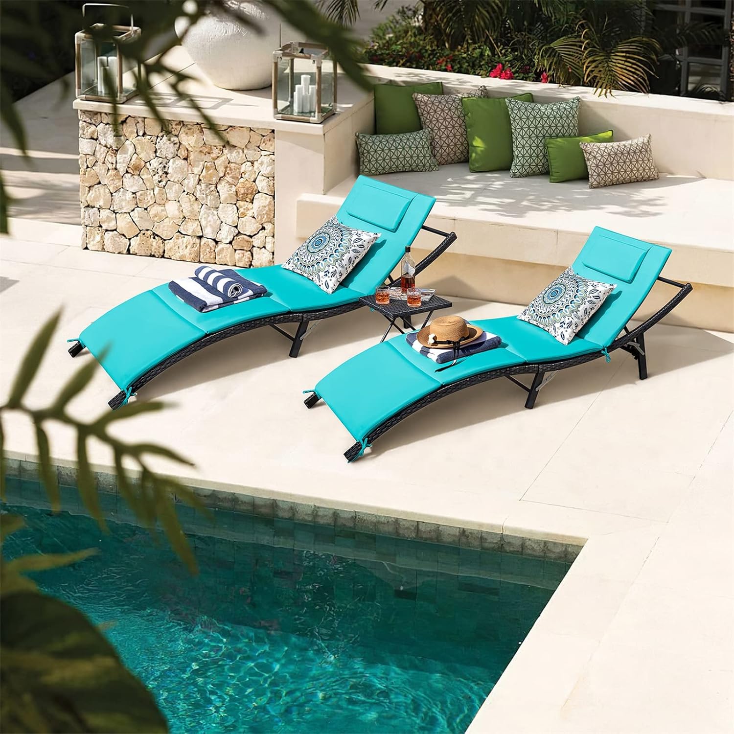 GUNJI Lounge Chairs for Outside 3 Pieces Patio Adjustable Chaise Lounge Outdoor Wicker Lounge Chairs Set of 2 with Table Folding Chaise Lounger for Poolside, Deck, Lawn (Blue)