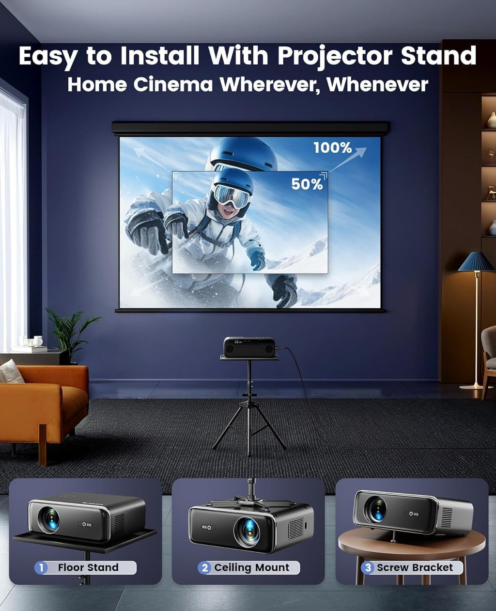 Built-in Apps/4K Support Smart Outdoor Projector with WiFi and Bluetooth, Movie Projector, DoIby Audio with Dual Speaker, Auto Focus w/ YouTube&PrimeVideo Proyector, Upgrad P62 Pro