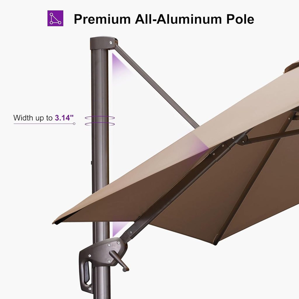 PURPLE LEAF 10' X 10' Patio Cantilever Umbrella with Base Included Antique Bronze Square Outdoor Umbrella with 360° Rotation and Aluminum Offset Hanging for Garden Backyard Pool, Taupe
