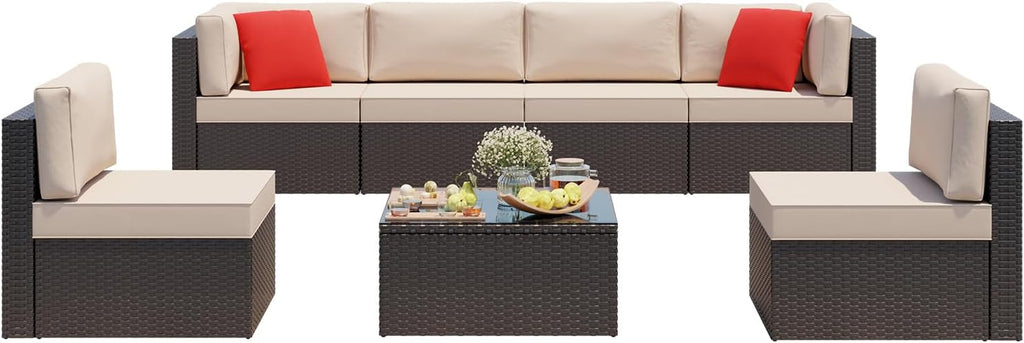 Vongrasig 7 Pieces Patio Furniture Sets, Outdoor Modular Sectional Sofa Patio Conversation Set PE Rattan Wicker Sectional Couch with Cushion, Glass Table for Patio, Garden, Poolside, Beige
