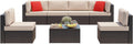 Vongrasig 7 Pieces Patio Furniture Sets, Outdoor Modular Sectional Sofa Patio Conversation Set PE Rattan Wicker Sectional Couch with Cushion, Glass Table for Patio, Garden, Poolside, Beige