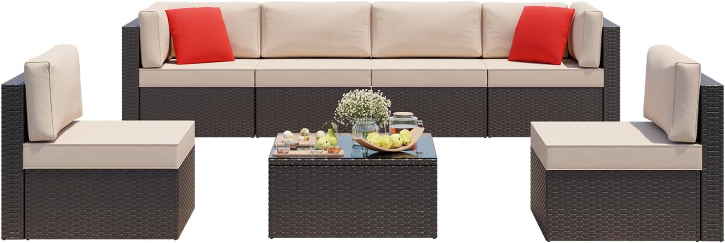 Vongrasig 7 Pieces Patio Furniture Sets, Outdoor Modular Sectional Sofa Patio Conversation Set PE Rattan Wicker Sectional Couch with Cushion, Glass Table for Patio, Garden, Poolside, Beige