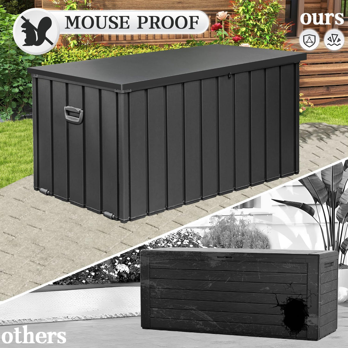 Dom 200 Gallon Deck Box, Metal Outdoor Storage Box with Lock Wheels Side Handles, Waterproof Outside Storage Box for Patio Cushions, Shoes