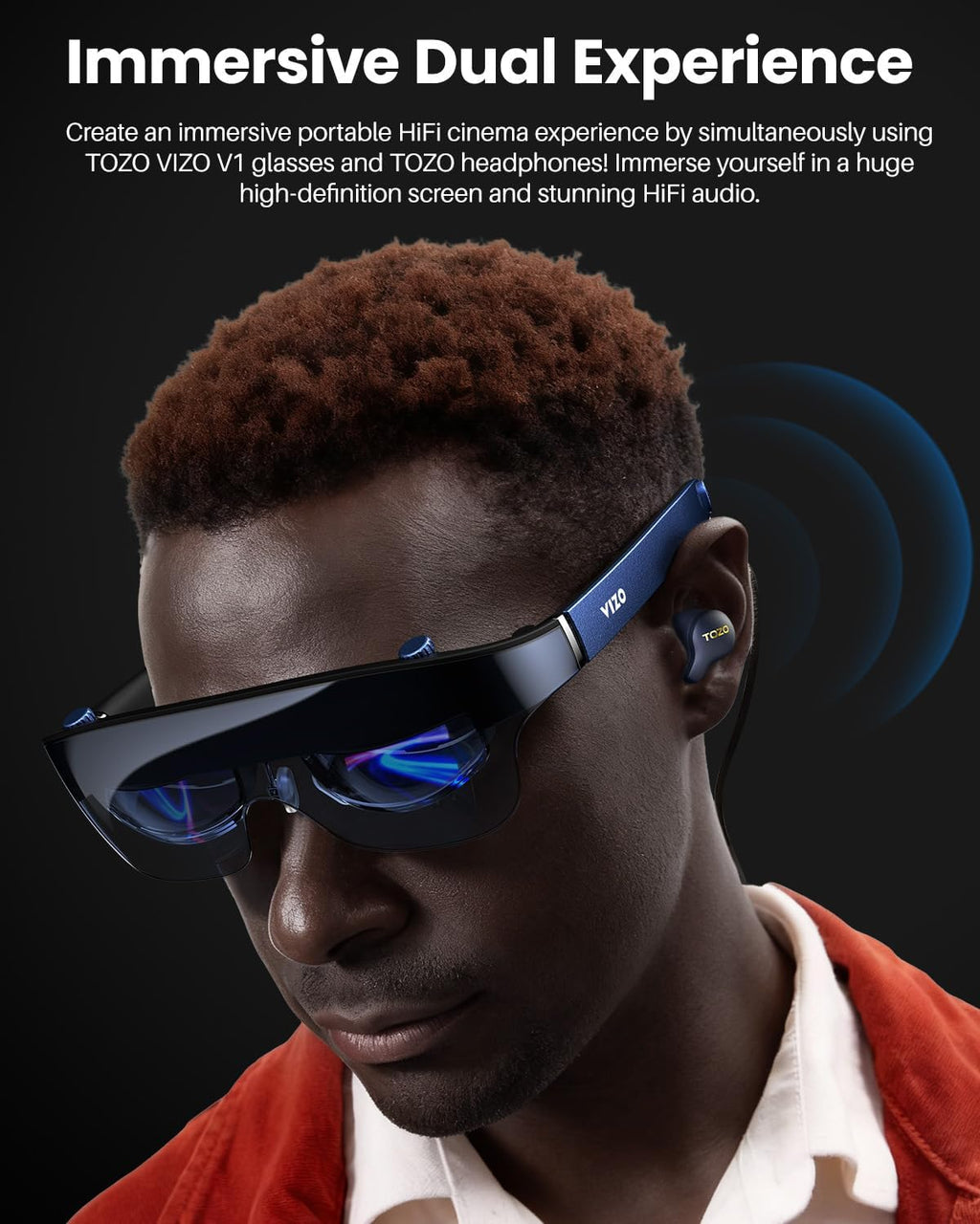 TOZO VIZO V1 AR Glasses with Ultra-Bright Display, Built-in Stereo Speakers, Adjustable Myopia Correction (0–500°), 118" Virtual Mega Screen, 2D/3D Mode Switching Compatible for iPhone/Mac/PC