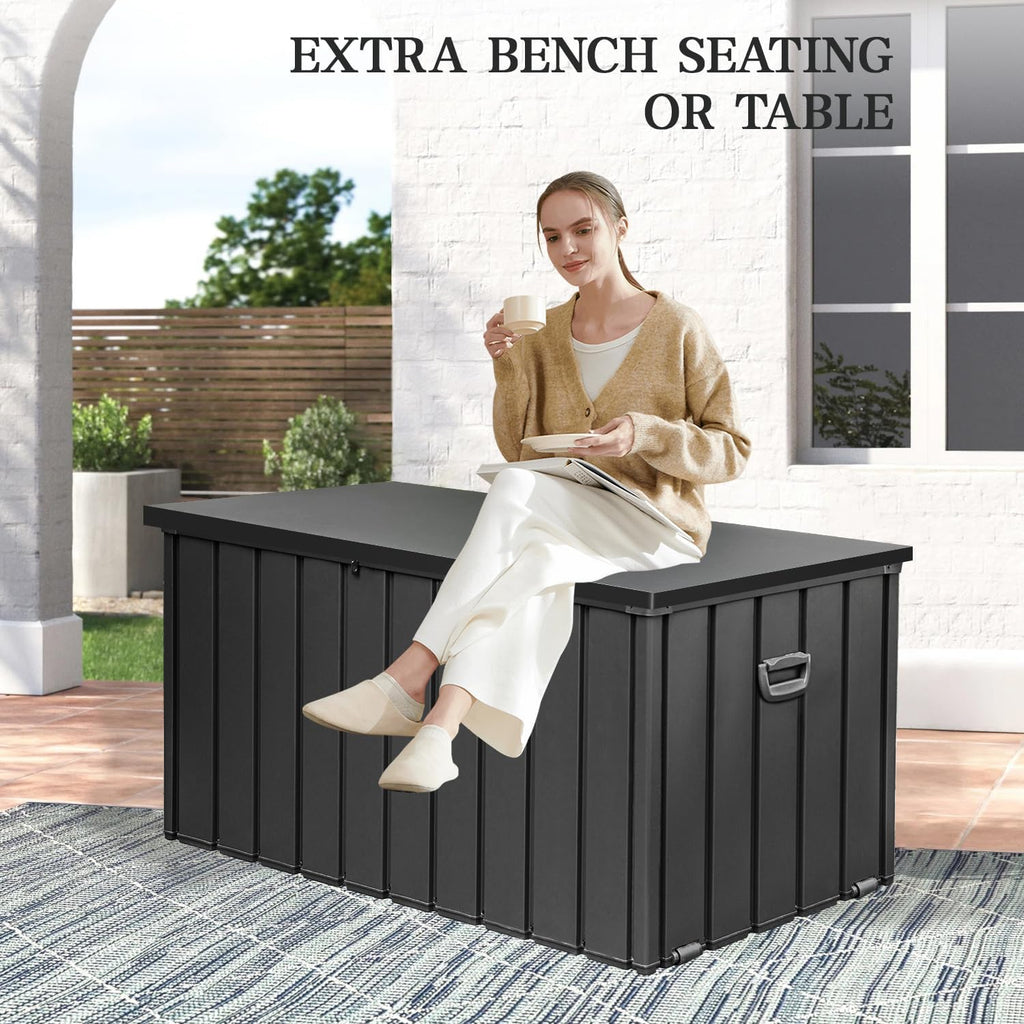 Dom 200 Gallon Deck Box, Metal Outdoor Storage Box with Lock Wheels Side Handles, Waterproof Outside Storage Box for Patio Cushions, Shoes