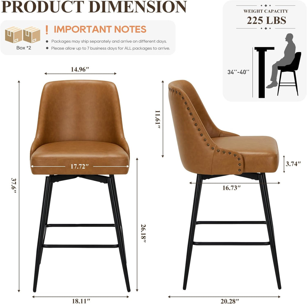 COLAMY Bar Stools Set of 4, 26" Swivel Counter Height Chairs with Back,Thick Padded Seat & Footrest,Modern Faux Leather Barstool for Kitchen Island,Dining Room,Pub,Brown