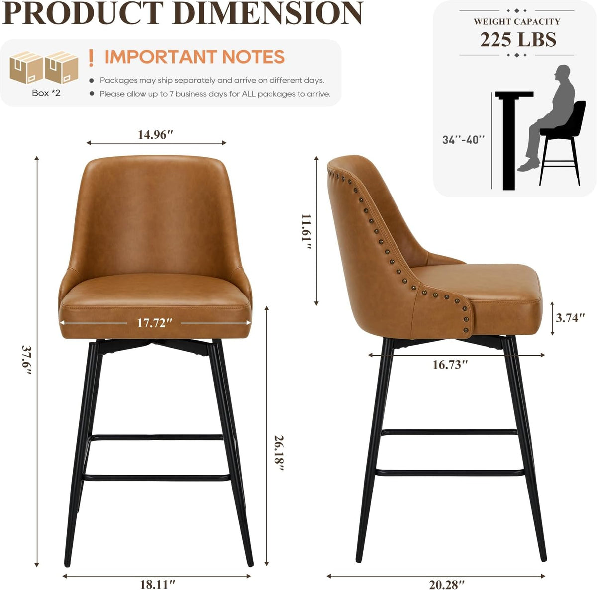 COLAMY Bar Stools Set of 4, 26" Swivel Counter Height Chairs with Back,Thick Padded Seat & Footrest,Modern Faux Leather Barstool for Kitchen Island,Dining Room,Pub,Brown