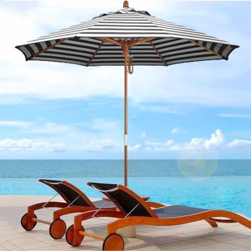 210/270Cm Outdoor Parasol Umbrella,Wood Garden Umbrella,Beach Umbrella Height-Adjustable,Patio Umbrella with 8 Ribs,Uv Protection,Market Table Umbrella with Ventilation,Black+White-9Ft/2.7M