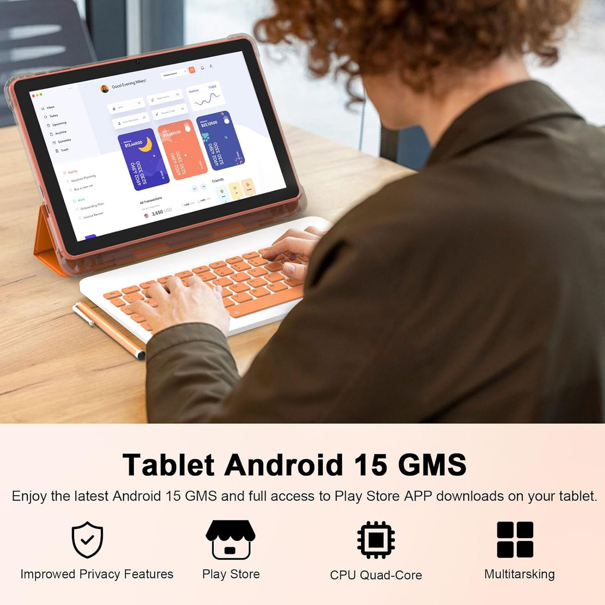 CUPEISI Android 15 Tablet 10 Inch, 20GB RAM+128GB ROM/2TB Expandable, 2.0GHz Quad-core Processor, 1280*800 HD Screen, 5G WiFi6 BT5.0, 2 in 1 Tablets with Keyboard Case Mouse Stylus, Widevine L1 Orange