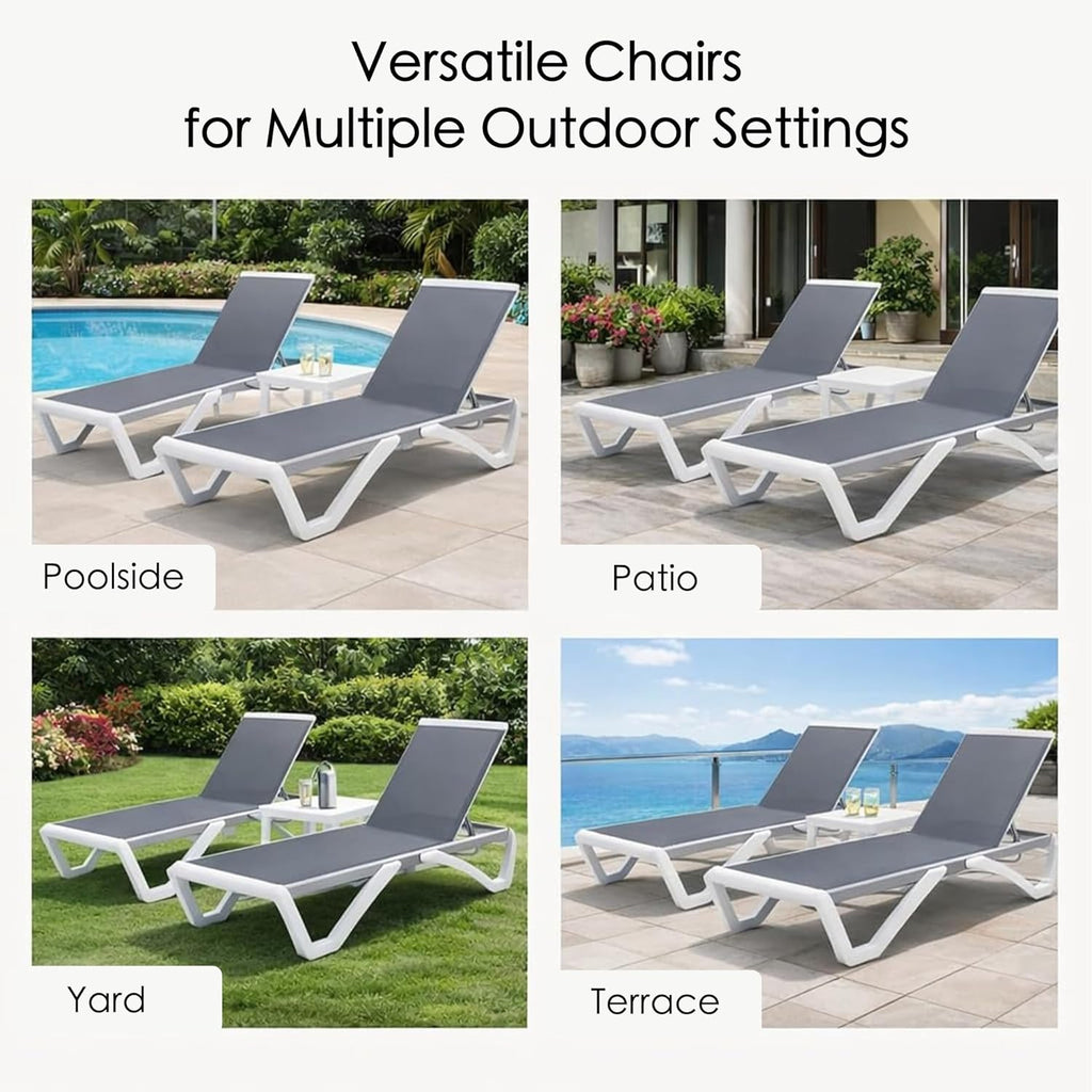 Kozyard 3-Piece Outdoor Chaise Lounge Chair Set, Fully Flat Adjustable Patio Lounger with Aluminum Frame & Resin Legs, Textilene Fabric for Poolside, Backyard & Beach (Gray, 2 Chairs + Table)