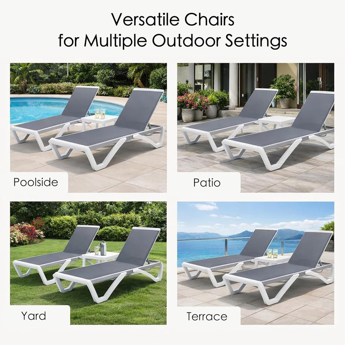Kozyard 3-Piece Outdoor Chaise Lounge Chair Set, Fully Flat Adjustable Patio Lounger with Aluminum Frame & Resin Legs, Textilene Fabric for Poolside, Backyard & Beach (Gray, 2 Chairs + Table)