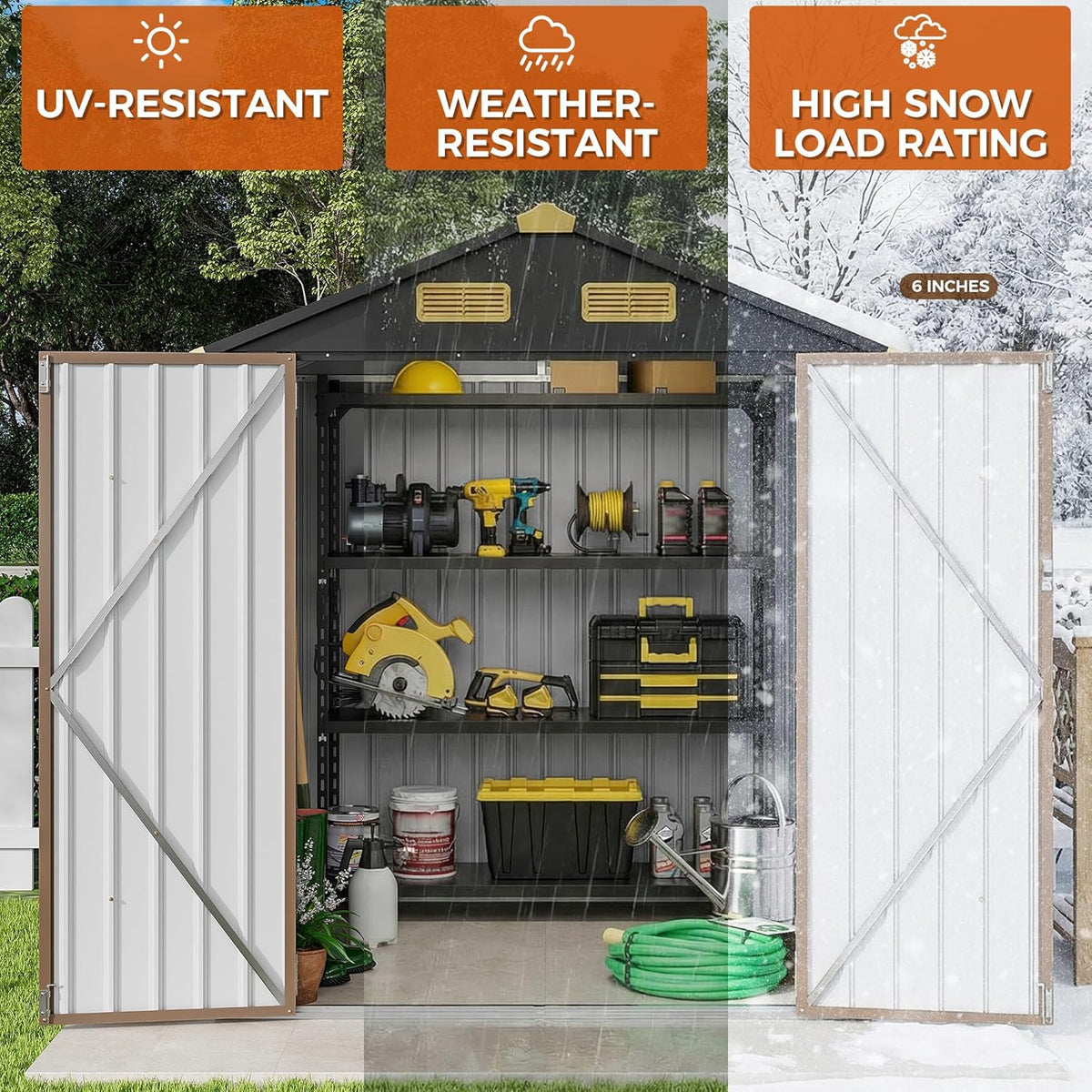 IRONCK 5.7x5.7FT Outdoor Storage Shed, Metal Garden Tool Shed with Breathable Vent and Lockable Doors, Outside Storage for Backyard, Poolside, Patio, Brown