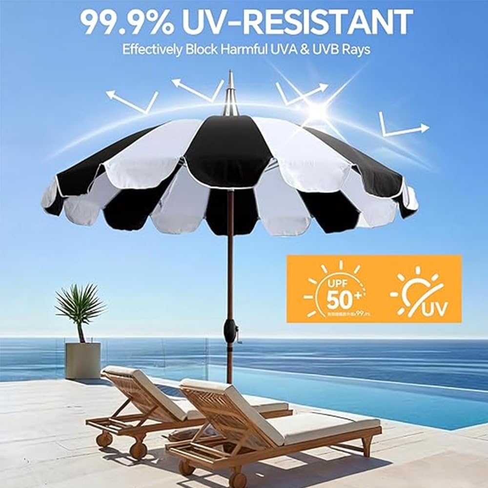 8.5ft Pagoda Beach Umbrella Patio Umbrella UPF 50+ Windproof Boho Pool Umbrellas Scalloped For Outdoor Garden Deck Yard(Green white)