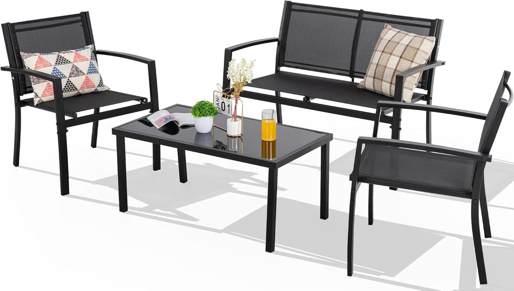 Shintenchi 4 Pieces Patio Furniture Set All Weather Textile Fabric Outdoor Conversation Set, with Glass Coffee Table, Loveseat, 2 Single Chairs for Home, Garden, Lawn, Porch（Black）