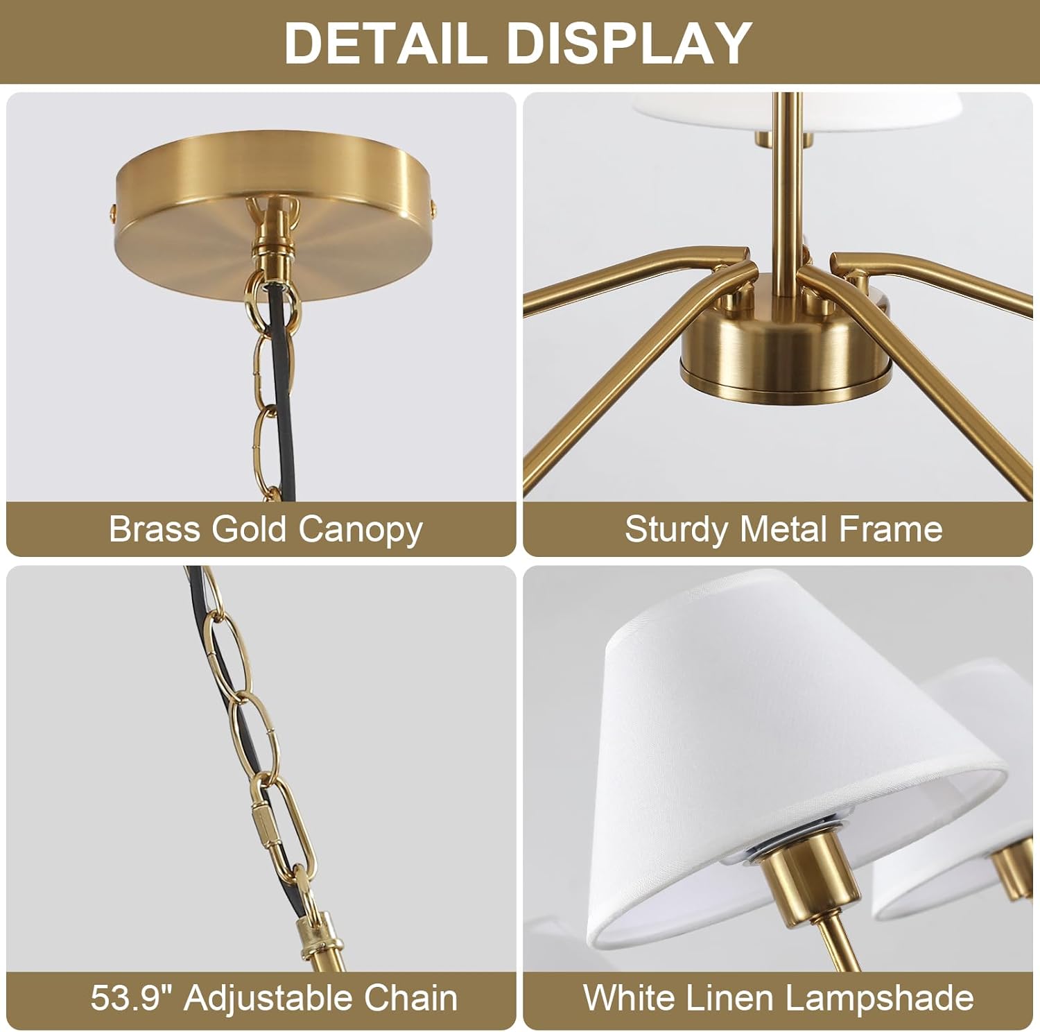 5-Light Gold Chandelier, 31.5" Brass Modern Chandeliers with White Fabric Shade, Classic Farmhouse Ceiling Light Fixture, Adjustable Pendant Light for Kitchen Living Room Dining Room Bedroom Entryway