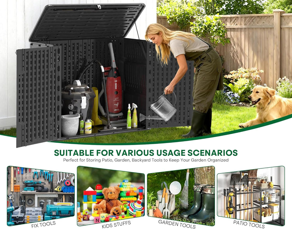 Outdoor Storage Shed, 30 Cu Ft Waterproof Horizontal Resin Storage Cabinet, Weather-Resistant Garden Shed Trash Can Storage with Pad-Lockable Doors for Backyards (Black)