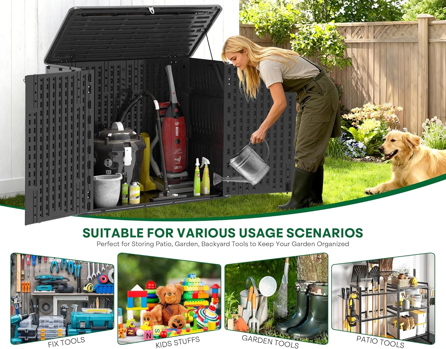 Outdoor Storage Shed, 30 Cu Ft Waterproof Horizontal Resin Storage Cabinet, Weather-Resistant Garden Shed Trash Can Storage with Pad-Lockable Doors for Backyards (Black)