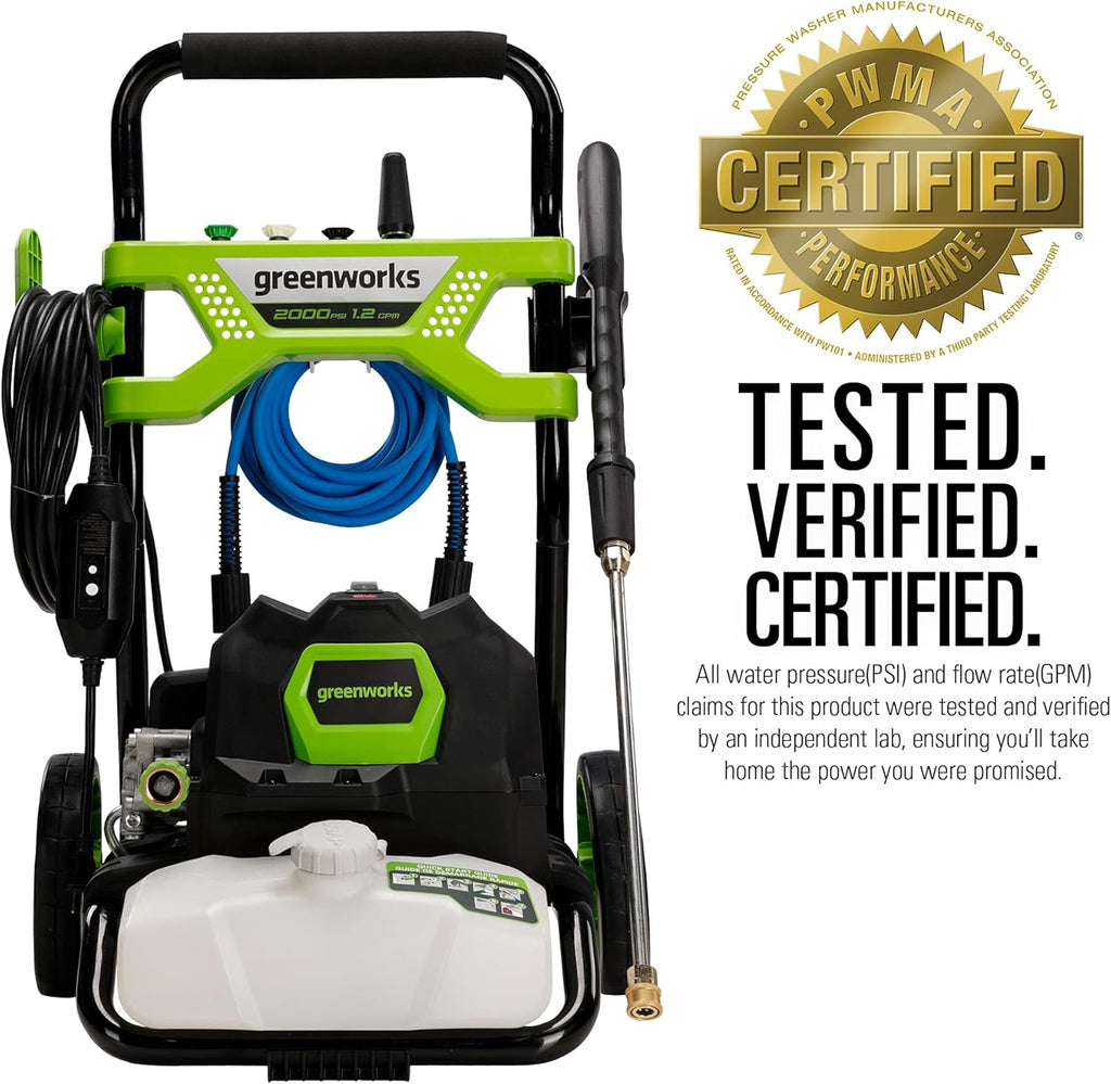 Greenworks 2000 PSI (1.2 GPM) Electric Pressure Washer, Steel Wand, On-Board Soap Tank (25°, 40°, Soap, and Turbo Nozzle)