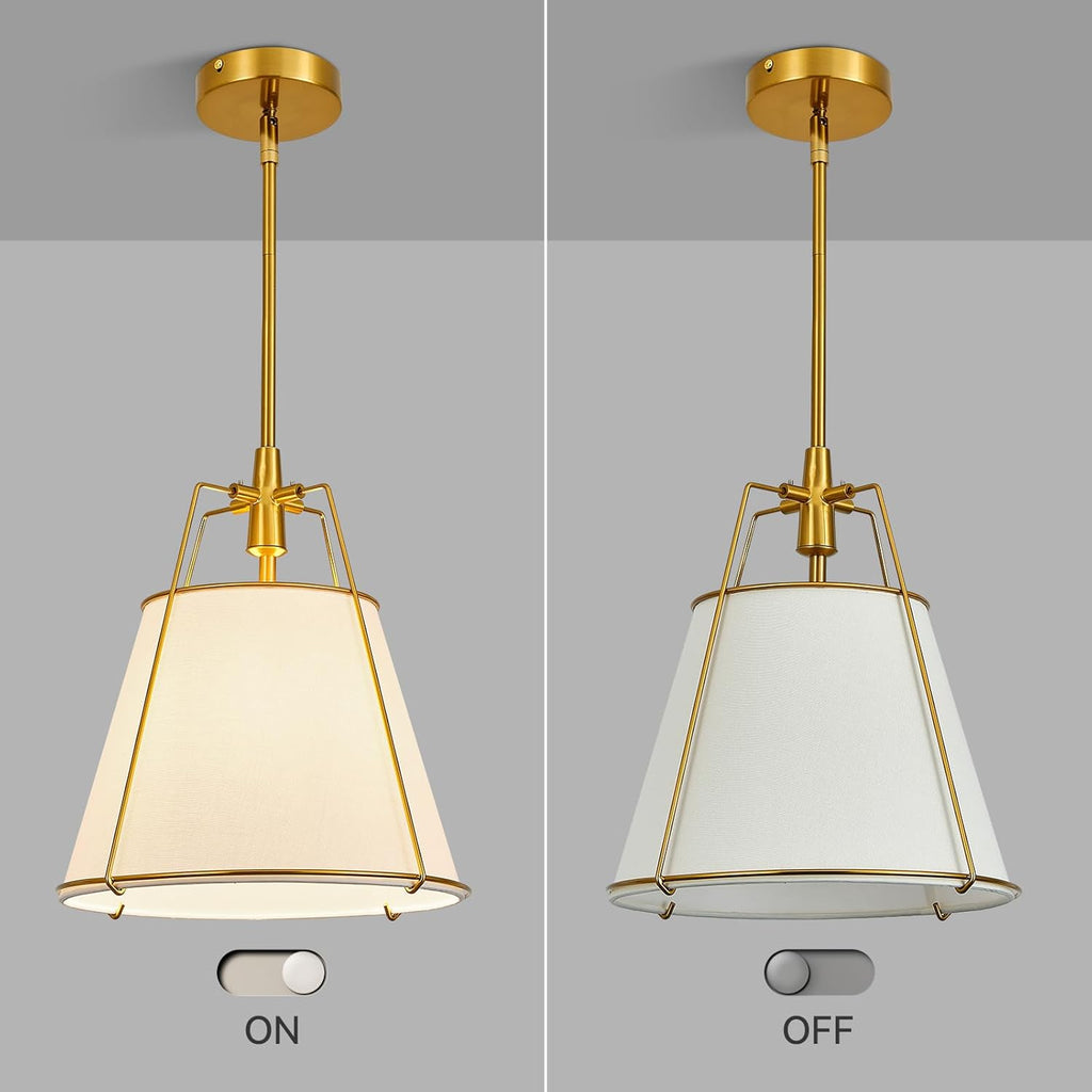 Modern Pendant Light Fixtures with 13" Off-White Linen Fabric Shade, Adjustable Hanging Light Fixture,Drum Gold Vintage Chandelier for Kitchen Island Bedroom Dining Room Foyer Entryway