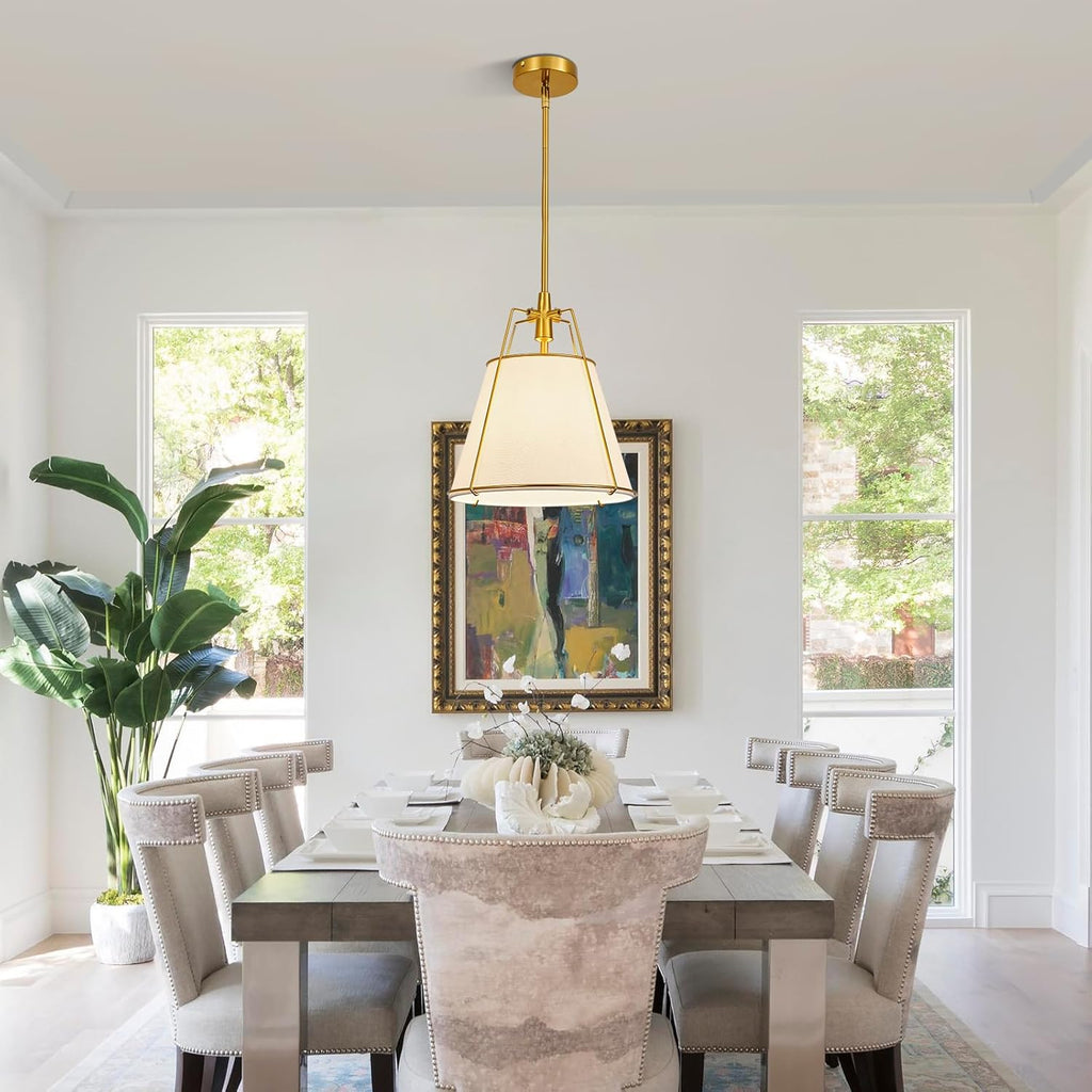 Modern Pendant Light Fixtures with 13" Off-White Linen Fabric Shade, Adjustable Hanging Light Fixture,Drum Gold Vintage Chandelier for Kitchen Island Bedroom Dining Room Foyer Entryway