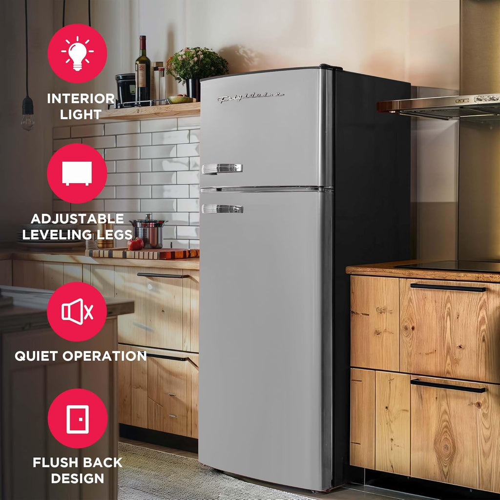 Frigidaire EFR753, 2 Door Apartment Size Refrigerator with Freezer, Retro Chrome Handle, 7.5 cu ft, Platinum Series, Stainless Steel, 7.5