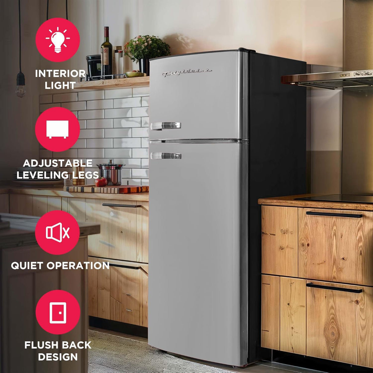 Frigidaire EFR753, 2 Door Apartment Size Refrigerator with Freezer, Retro Chrome Handle, 7.5 cu ft, Platinum Series, Stainless Steel, 7.5
