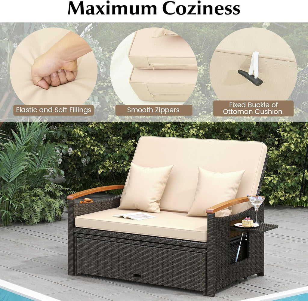 LDAILY Moccha Outdoor Wicker Daybed, Patio Rattan Loveseat Sofa w/ 4-Level Adjustable Backrest, Folding Panels, Storage Ottoman & Cushions, Lounge Furniture Set for Poolside Backyard Porch (Beige)