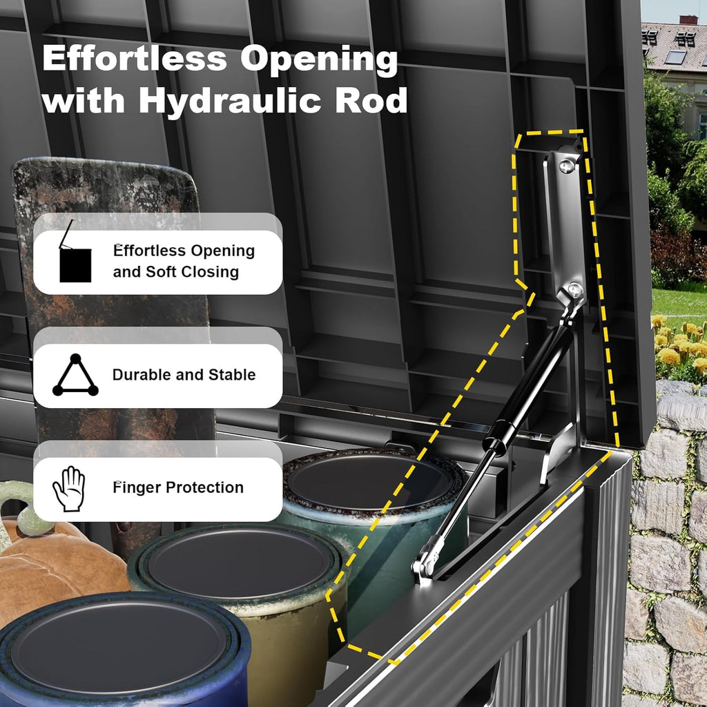 150 Gallon Large Outdoor Storage Box Waterproof, UV Resistant Resin Deck Box with Hydraulic Rod & Lockable Latch for Patio Furniture, Outside Storage Box for Garden Tools, Patio Cushions, Black