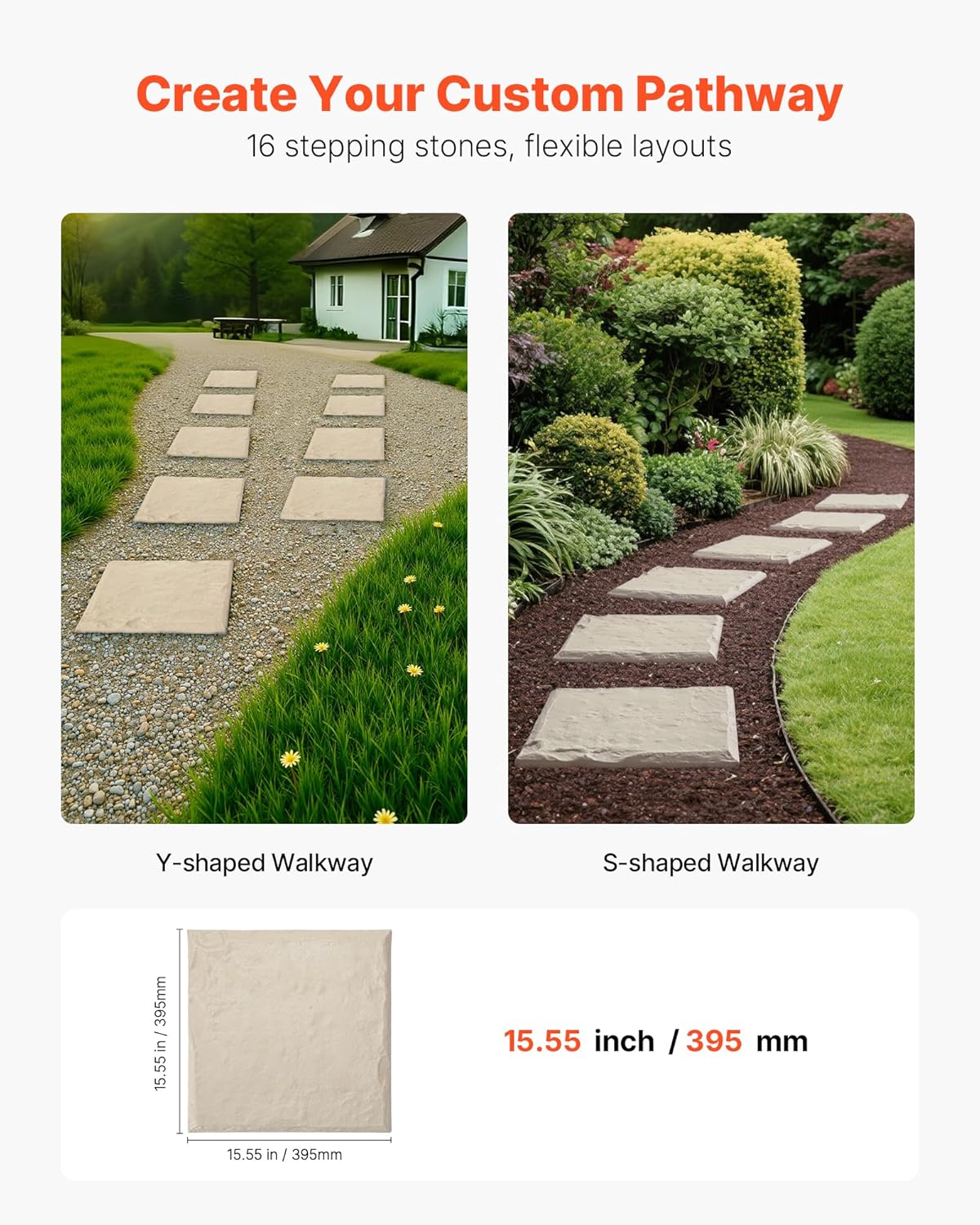 VEVOR Garden Stepping Stones, 16Pcs 15.5 x 15.5 in, Decorative Stepping Stones with Stakes, Weather-Resistant Plastic Pathway Pavers, Smooth Surface, Outdoor Walkway for Lawn Patio Landscape, Beige