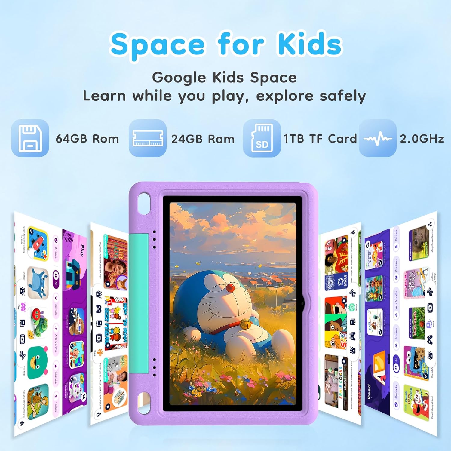 10 inch Kids Tablet, Android Tablet for Kids, 24GB RAM 64GB ROM, 1TB Expandable, with EVA Case, Parental Control, 6600mAh Battery, Dual Camera, BT5.4, WiFi 6, Gift (Purple)