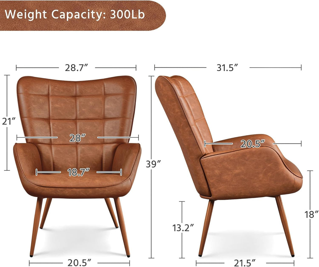 Yaheetech Accent Chairs, Large PU Leather High-Back Chair w/Metal Legs, Pottery Barn Style Living Room Chairs for Bedroom/Home Office, Brown, Set of 2