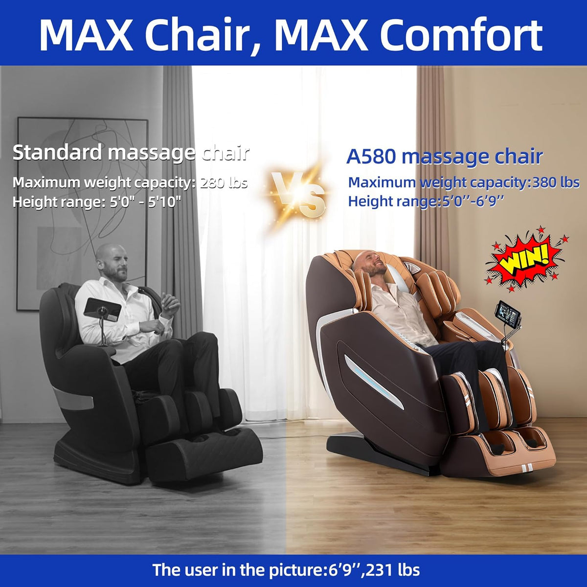 MassaMAX 4D Plus Massage Chair for Big & Tall People Full Body Massage Up to 6'10" & 500 lbs, 59" SL Track, OTA Cloud Upgrade - Never Outdated, APP Control, 27+ Modes, Auto Footrest Extension A580