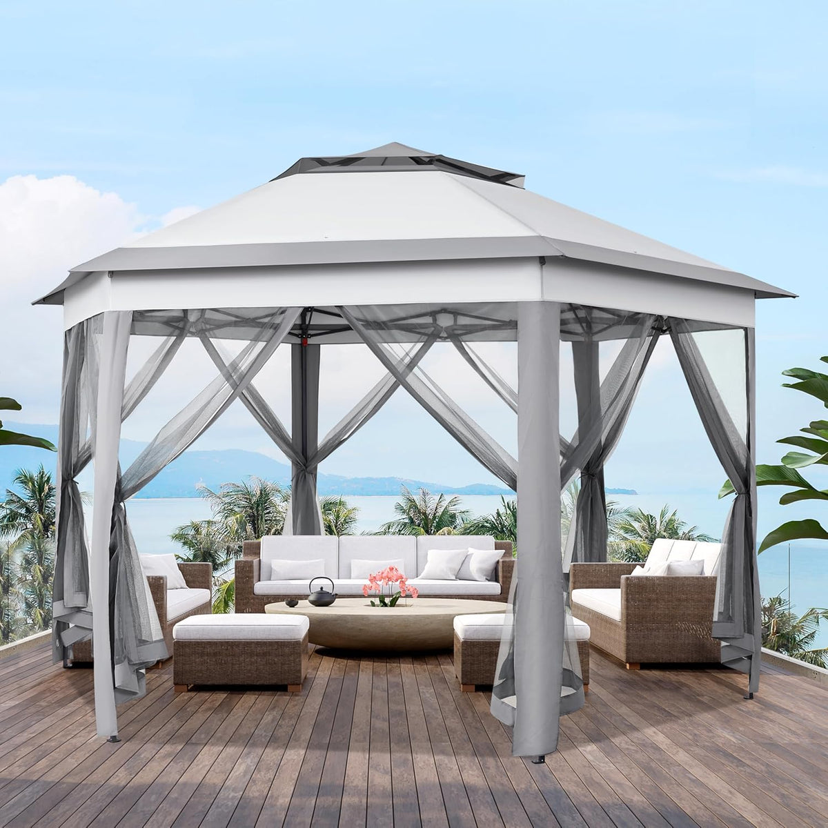 Yaheetech 13x13 Pop up Gazebo, Hexagonal Outdoor Canopy Shelter, Instant Patio Gazebo Sun Shade Canopy Tent with Double Tiers & Mesh Netting for Lawn, Garden, Backyard & Deck, Gray