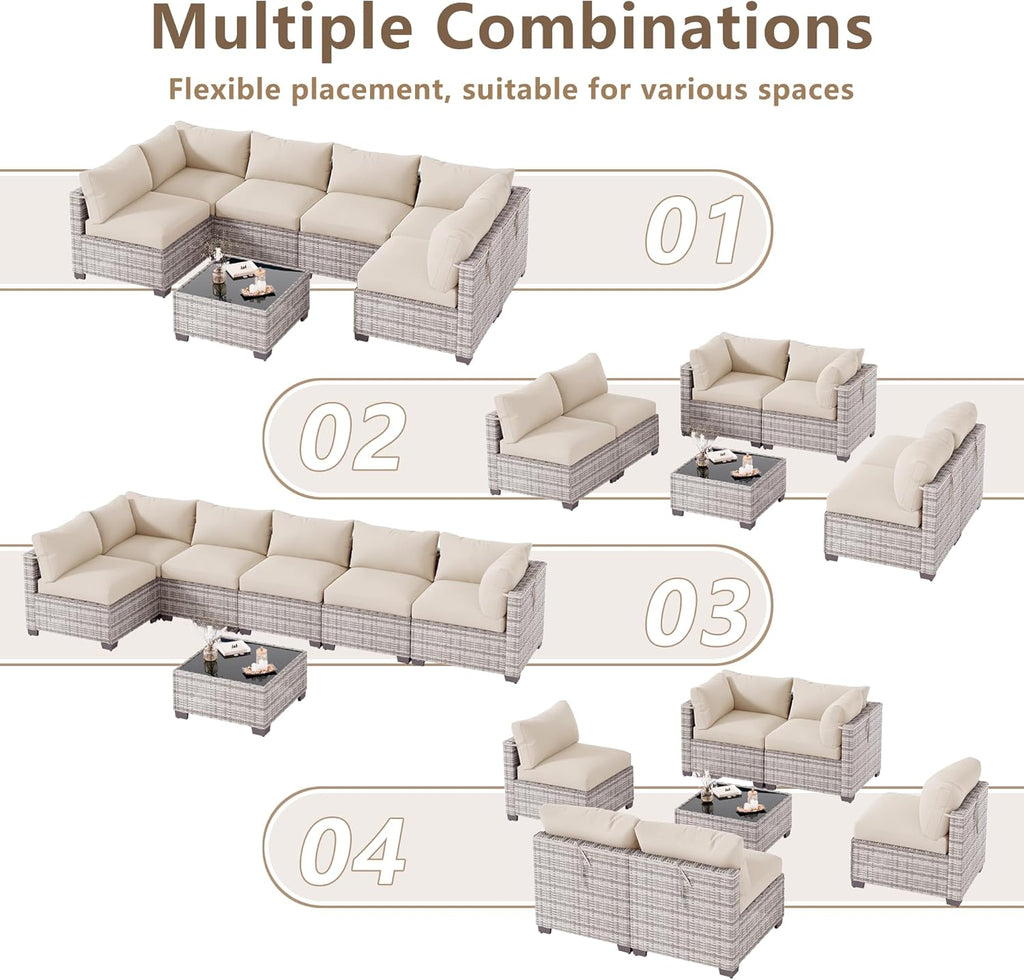 LOUVIXA 7 Piece Outdoor Patio Furniture Set, Outdoor Sectional Sofa, Wicker Rattan Patio Furniture, Patio Conversation Set with Coffee Table & Cushions