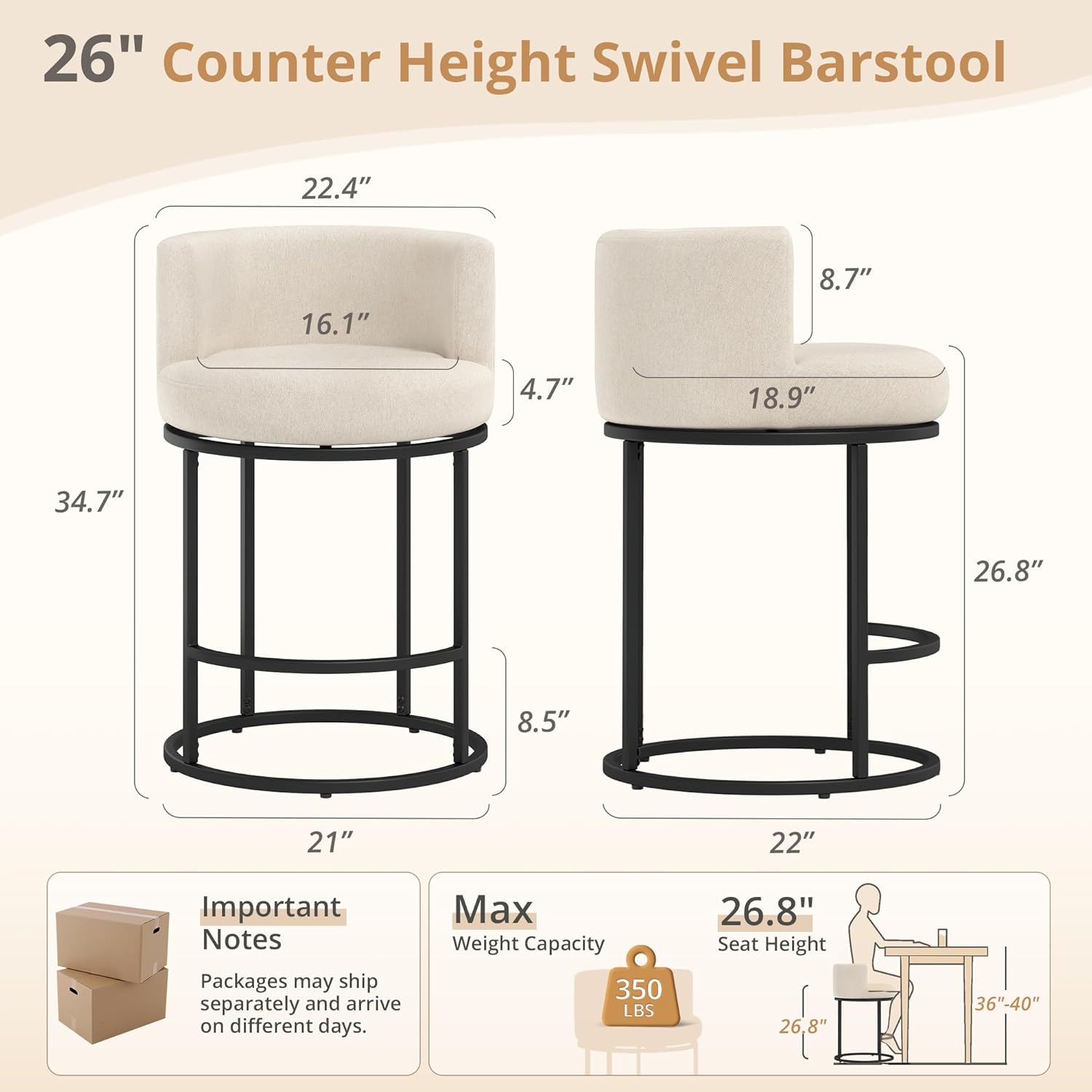 LUE BONA 26.8" Counter Height Bar Stools Set of 3, 180° Swivel Bar Stools, Modern Barrel Counter Stools with Back and Metal Frame, Fabric Upholstered Barstools for Kitchen Island, Linen Color