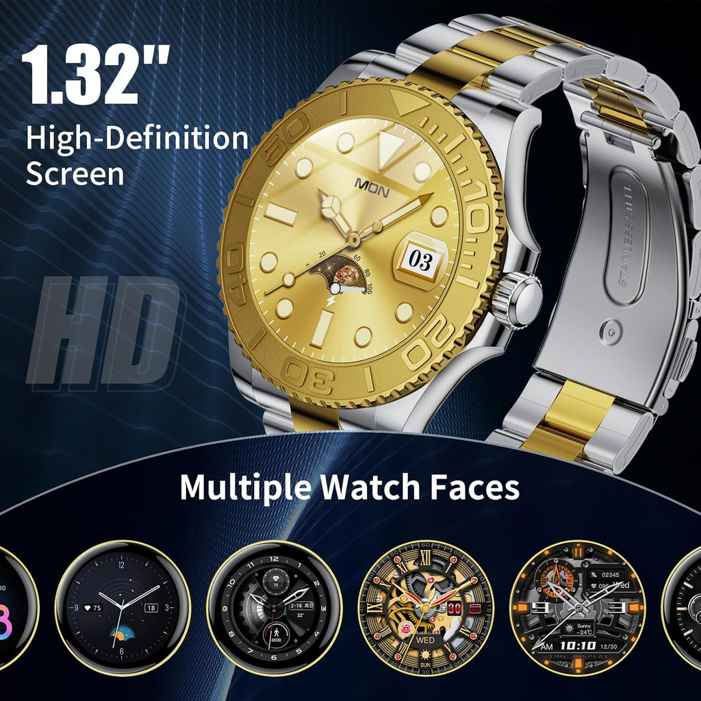 J-CD Smart Watch for Men, 1.32 inch HD Screen, Support Make&Receive Call/Sleep Tracker/Sports Mode, Fitness Tracker Watch, Stainless Steel Band, Waterproof (Gold)