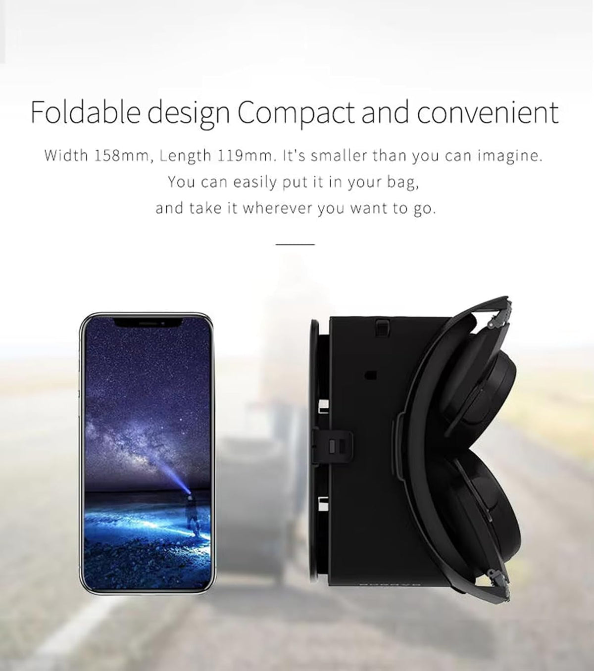 VR Headset Virtual Reality Glasses for iPhone and Android Phones, Foldable 3D VR Goggles Set Bundle with Bluetooth Headphones for Both Adults and Kids Play 3D VR Games Movies, Black
