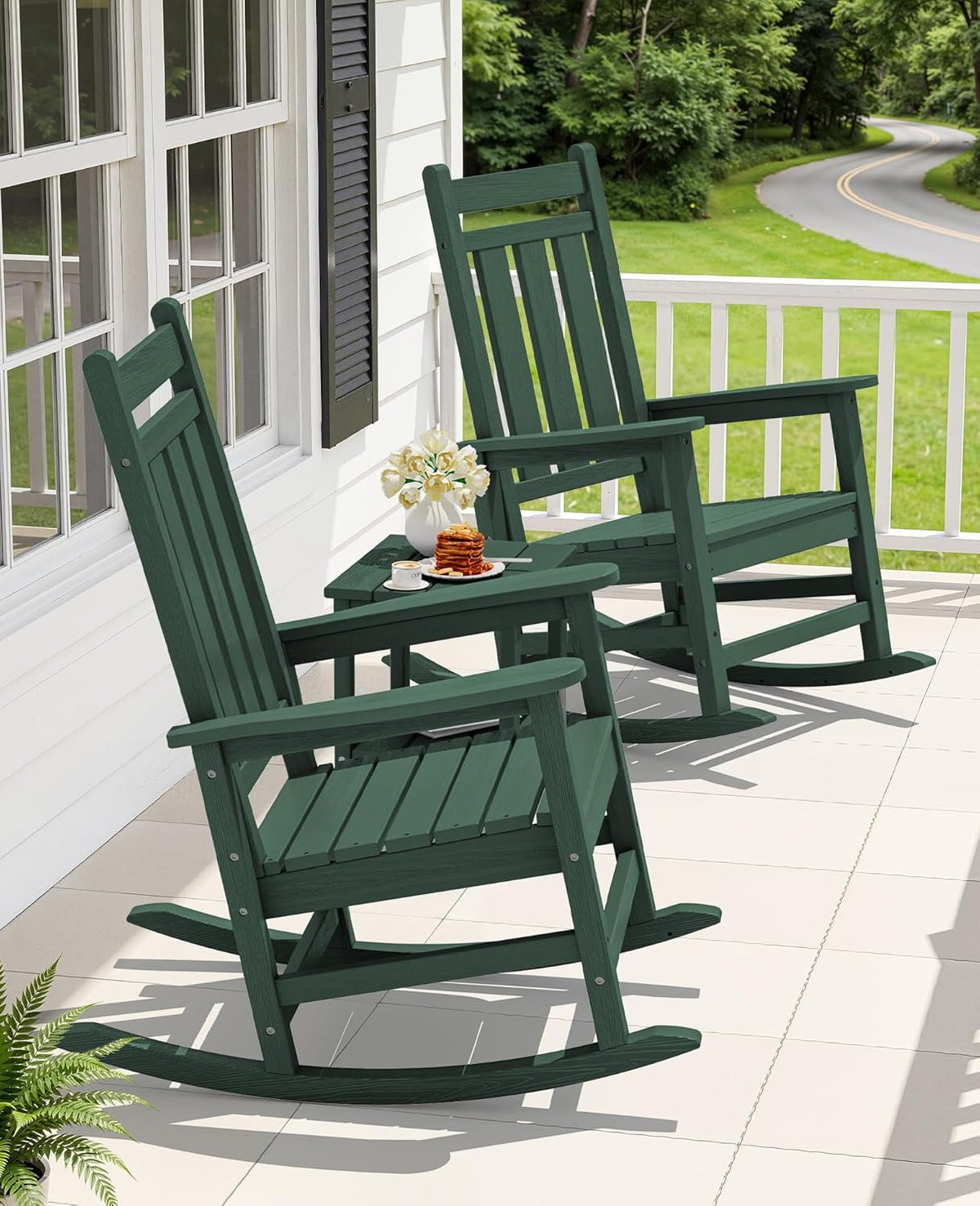 KINGYES Oversized Outdoor Rocking Chair Set of 2, All-Weather Patio Rocking Chairs for Porch, HDPE Outdoor Patio Recliner Rockers with High Back & Wide Seat for Garden, Lawn, Green