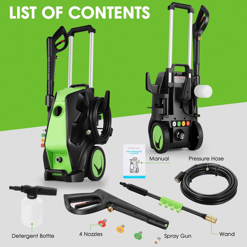 Heavy Duty 𝟓𝟎𝟎𝟎𝐏𝐒𝐈 𝐏𝐫𝐞𝐬𝐬*𝐮𝐫𝐞 𝐂𝐥𝐞𝐚*𝐧𝐞𝐫 with 33FT Pipe, 4 QC Nozzles for Cars/Fences/Patios/Home Cleaning, Deep Green